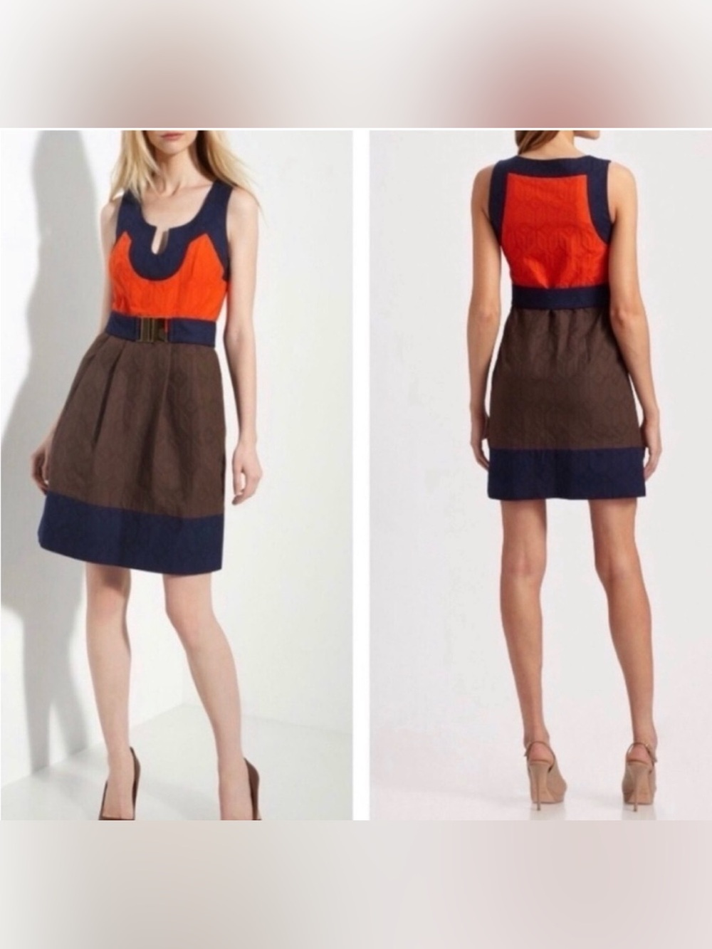 Milly Colorblock Sleeveless Dress in Navy, Orange & Brown